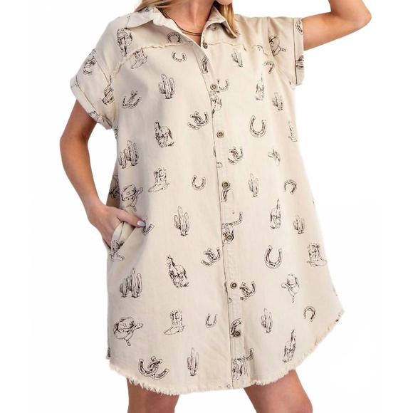 EASEL Dresses & Skirts - NEW EASEL western printed washed twill shirt dress in cream
